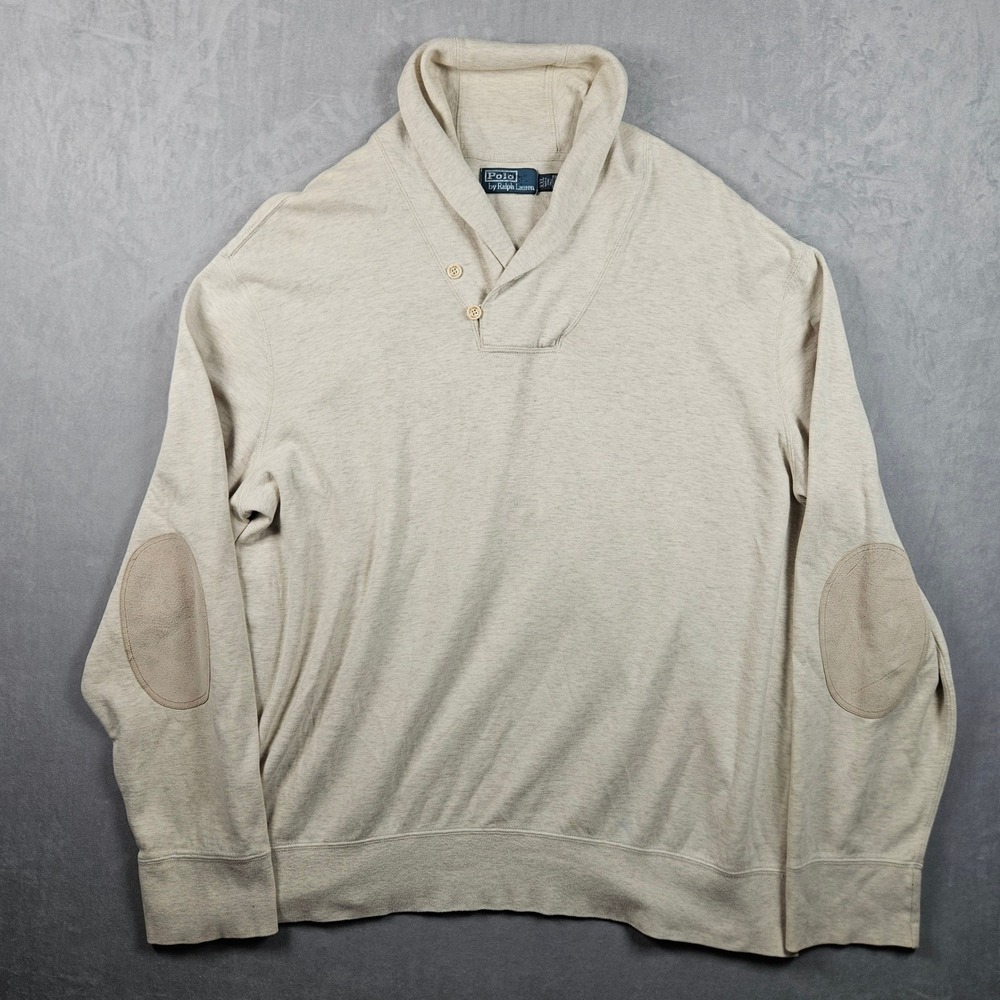 Polo Ralph Lauren Shawl Collar Sweater Mens XXL Oatmeal Elbow Patches Granola